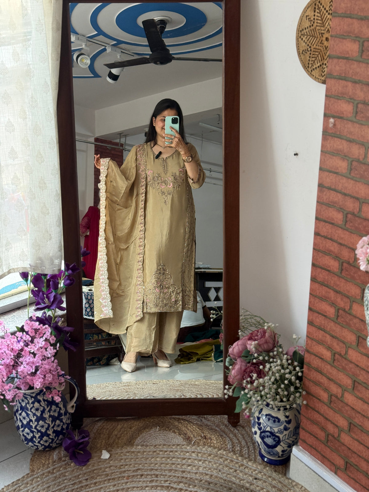 Golden Bliss Suit Set with Hand Embroidered| Cotton Lining in top and bottom| Duppata with embroidery | Pure Chinon