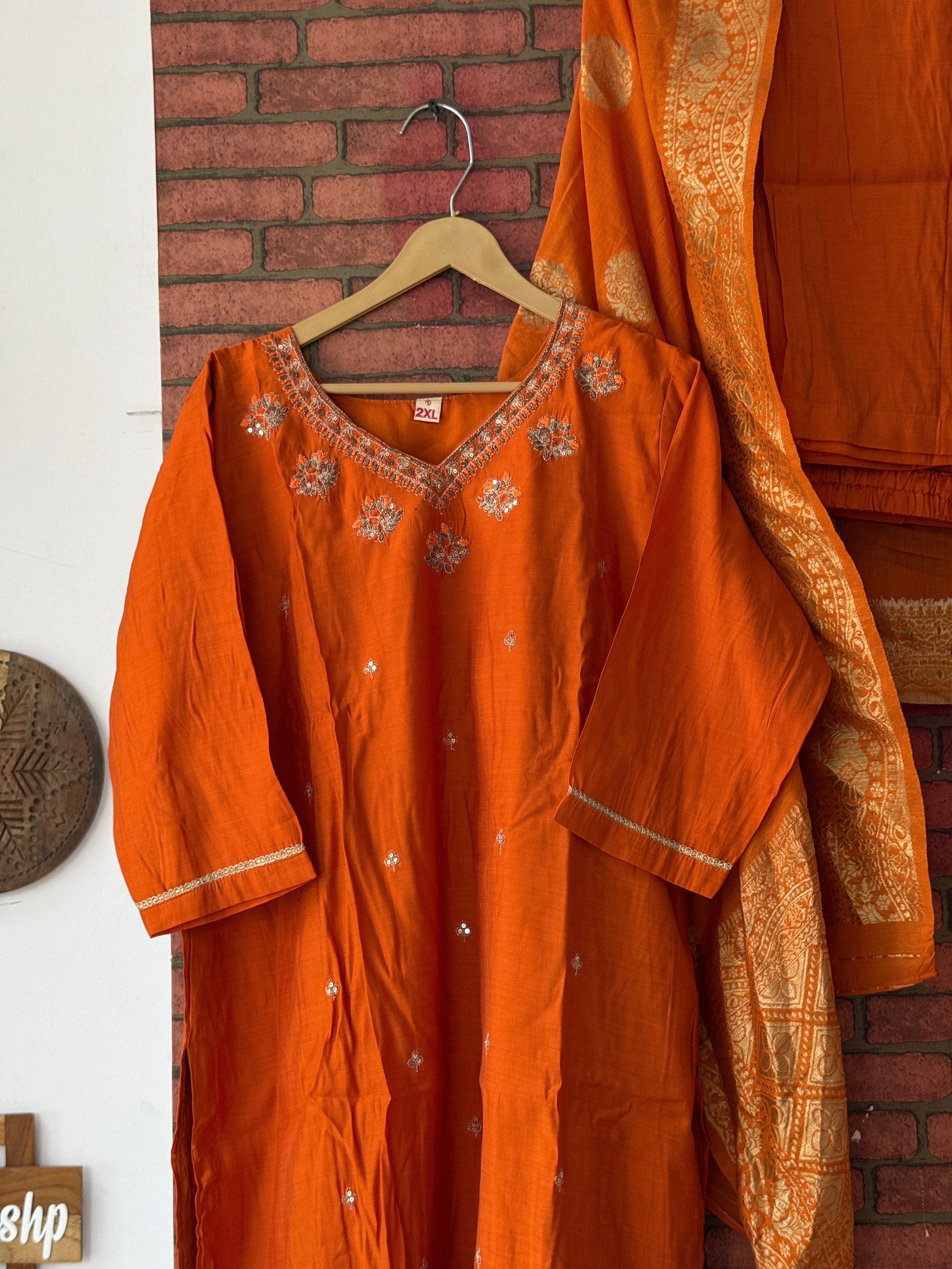 Orange Suit |With lining| Embroidered| Silk Cotton