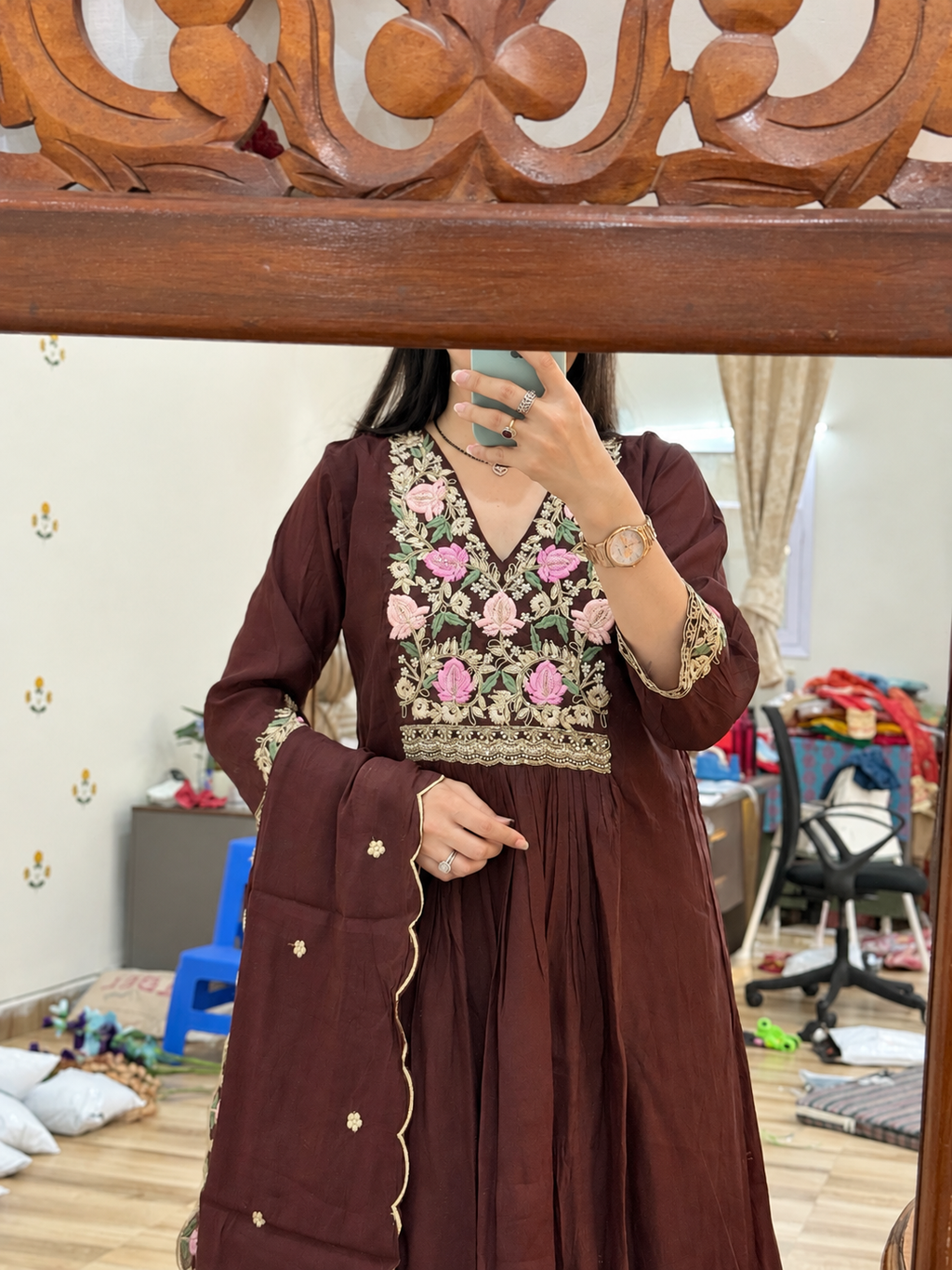 Brown Mul Chanderi Suit | With cotton lining| With Embroidered Duppata