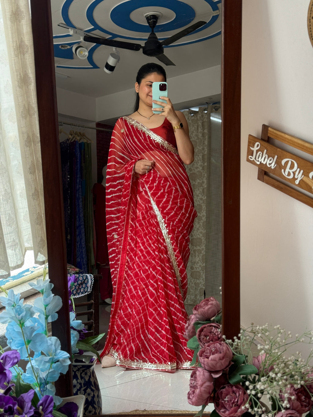 Red Chiffon Leheriya Saree|  Handwork Gota patti work| With blouse
