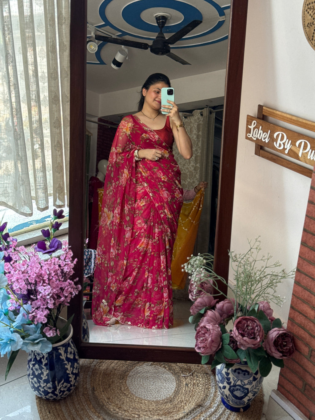 Crimson floral |Pure Georgette Digital Printed Saree| Handwork cutdana detailing| Without blouse