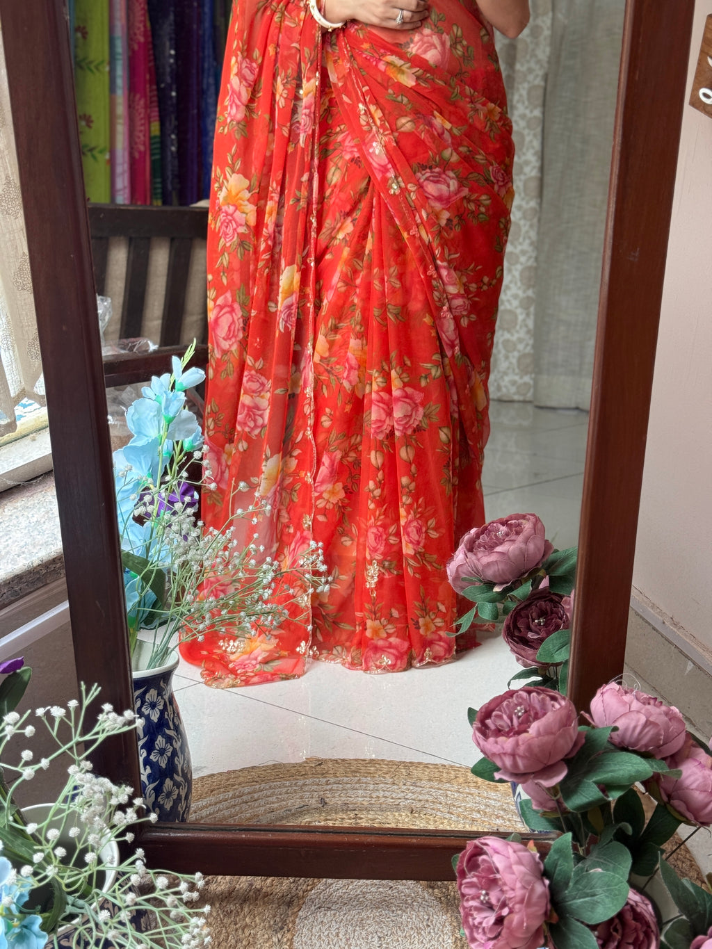Rust Orange Pure Georgette Handblock Digital Printed Saree| Handwork cutdana detailing| Without blouse