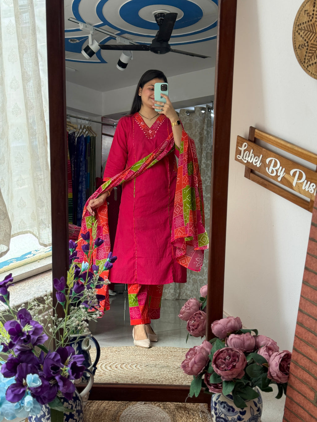 Pink Bandhej| Dual tone | Beautiful Suit Set | Cotton| With pocket in kurta & Bottom