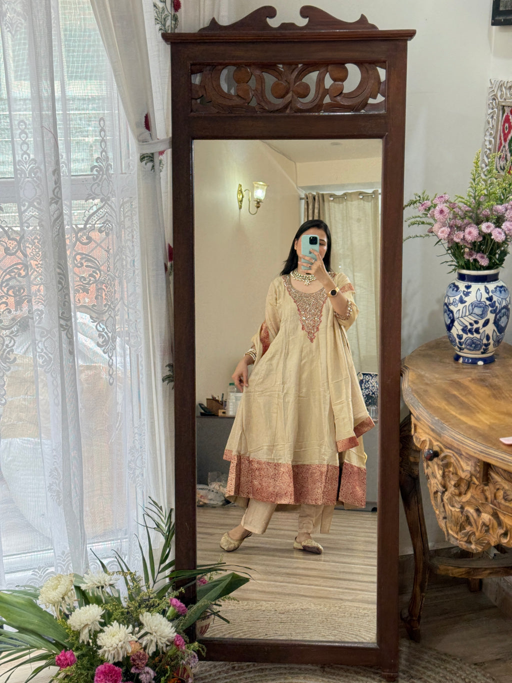 Tissue Shimmer Embroidered Anarkali Suit| with lining| Banarsi Border| Hand Embroidered