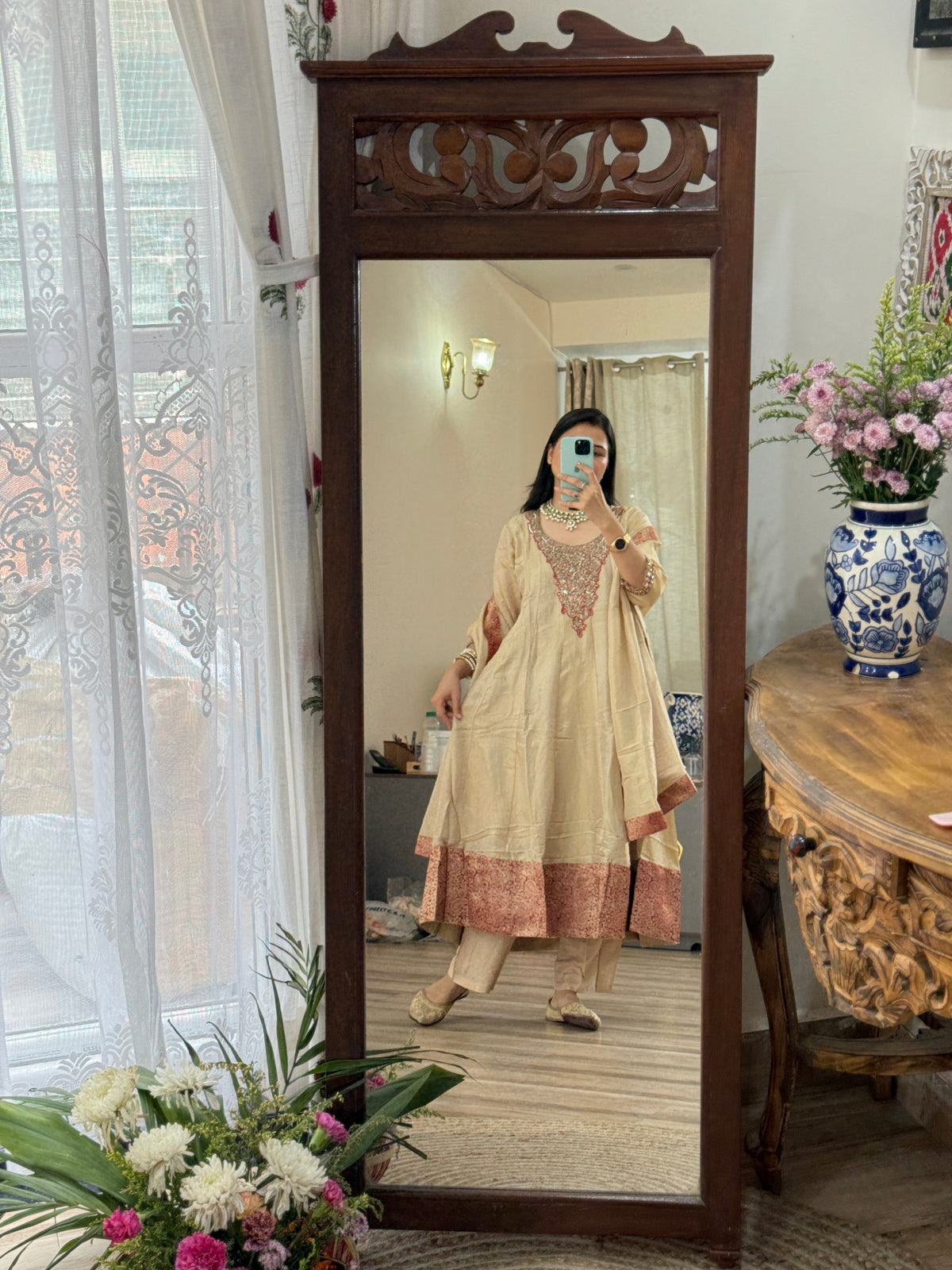 Tissue Shimmer Embroidered Anarkali Suit| with lining| Banarsi Border| Hand Embroidered