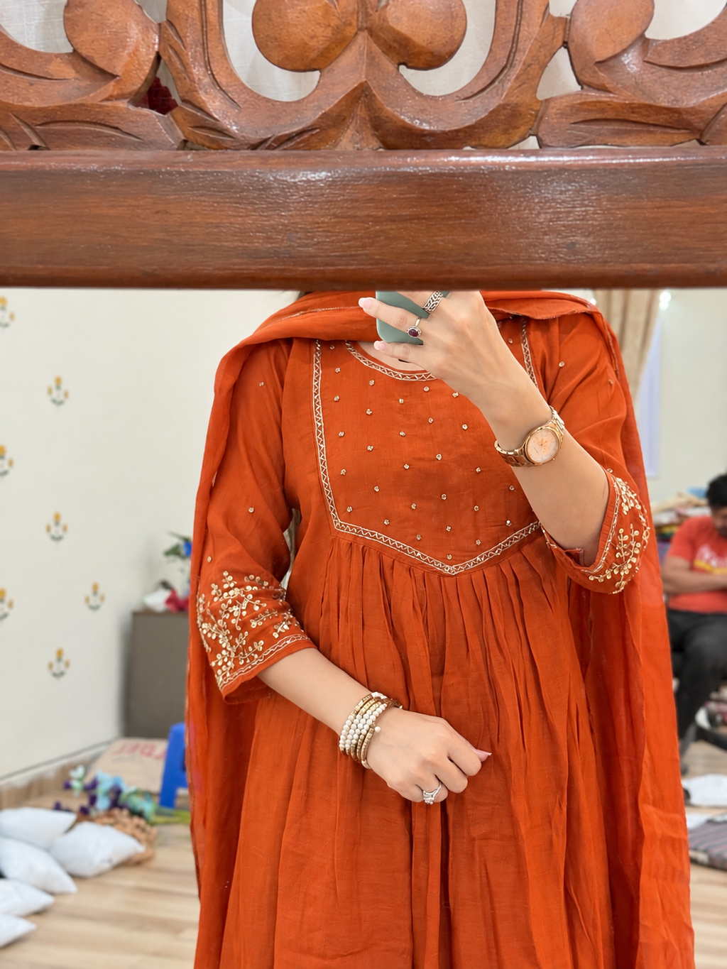Rust Orange Mul Chanderi Suit | With cotton lining| Hand Embroidered