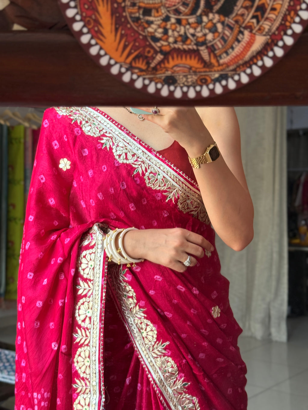 Pink Pure Gaji Silk Bandhani Saree with Gotta Patti Handwork|Without  blouse | Premium Handwork Saree