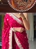 Pink Pure Gaji Silk Bandhani Saree with Gotta Patti Handwork|Without  blouse | Premium Handwork Saree