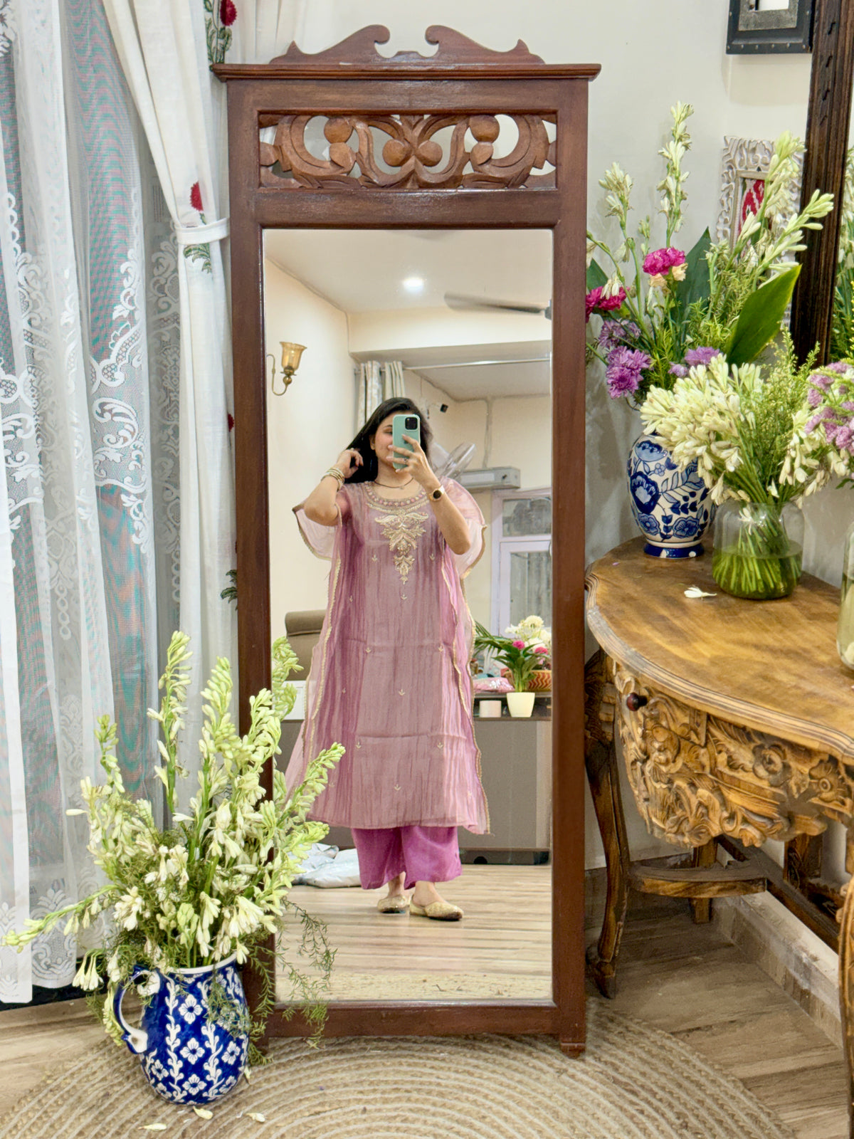 Designer Partywear Crushed Tissue Kaftan suit | With inner| Hand Embroidered