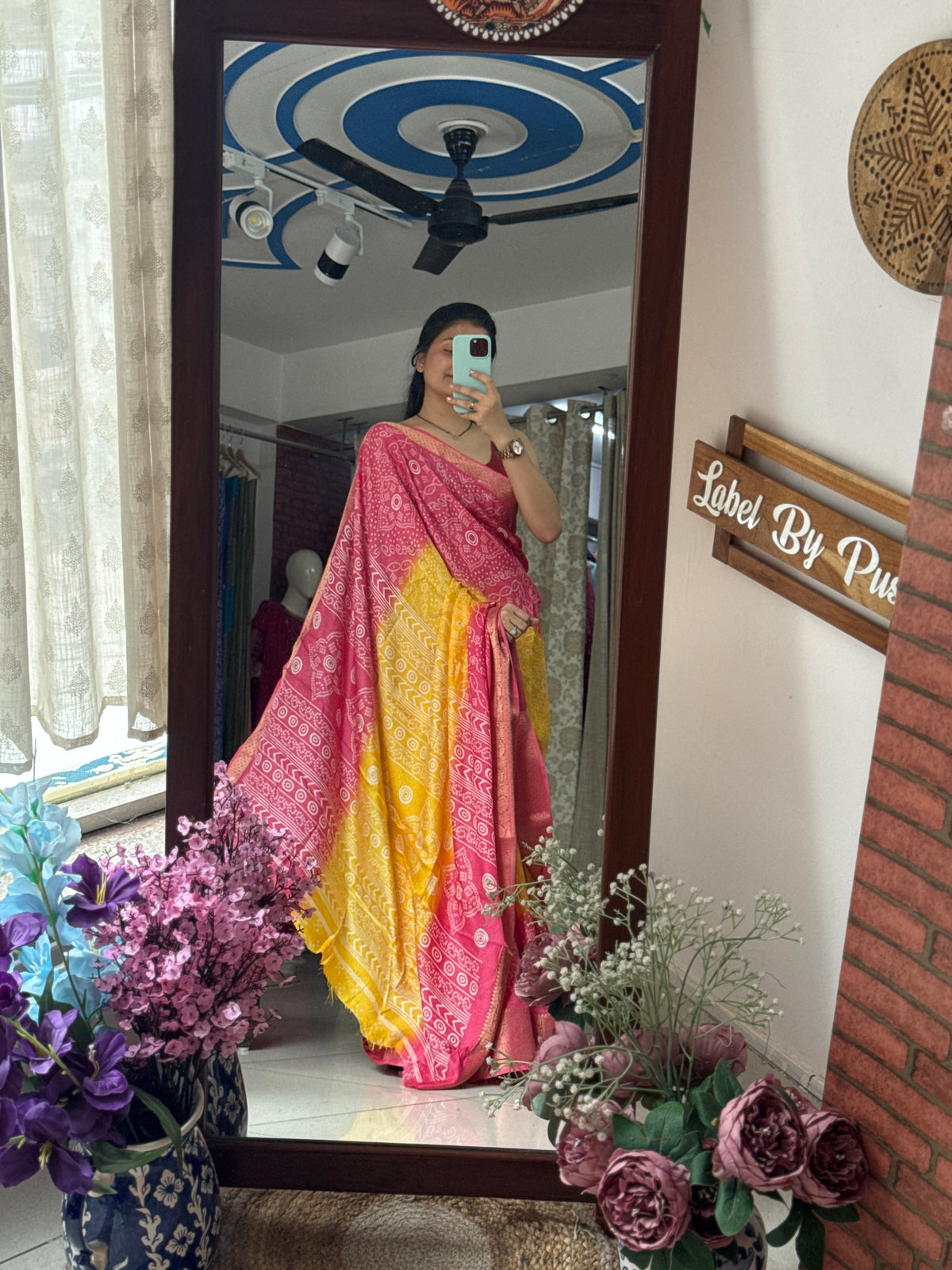 Pink Yellow Bandhani Saree|  Woven border on both sides| With blouse| Self weave dola silk