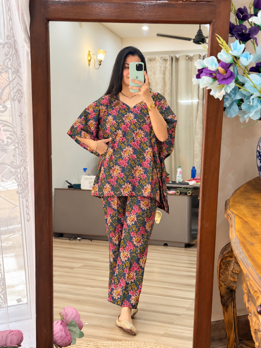 Pure Cotton Floral Blue Handblock Printed| kaftan Sets| Bottom with pocket