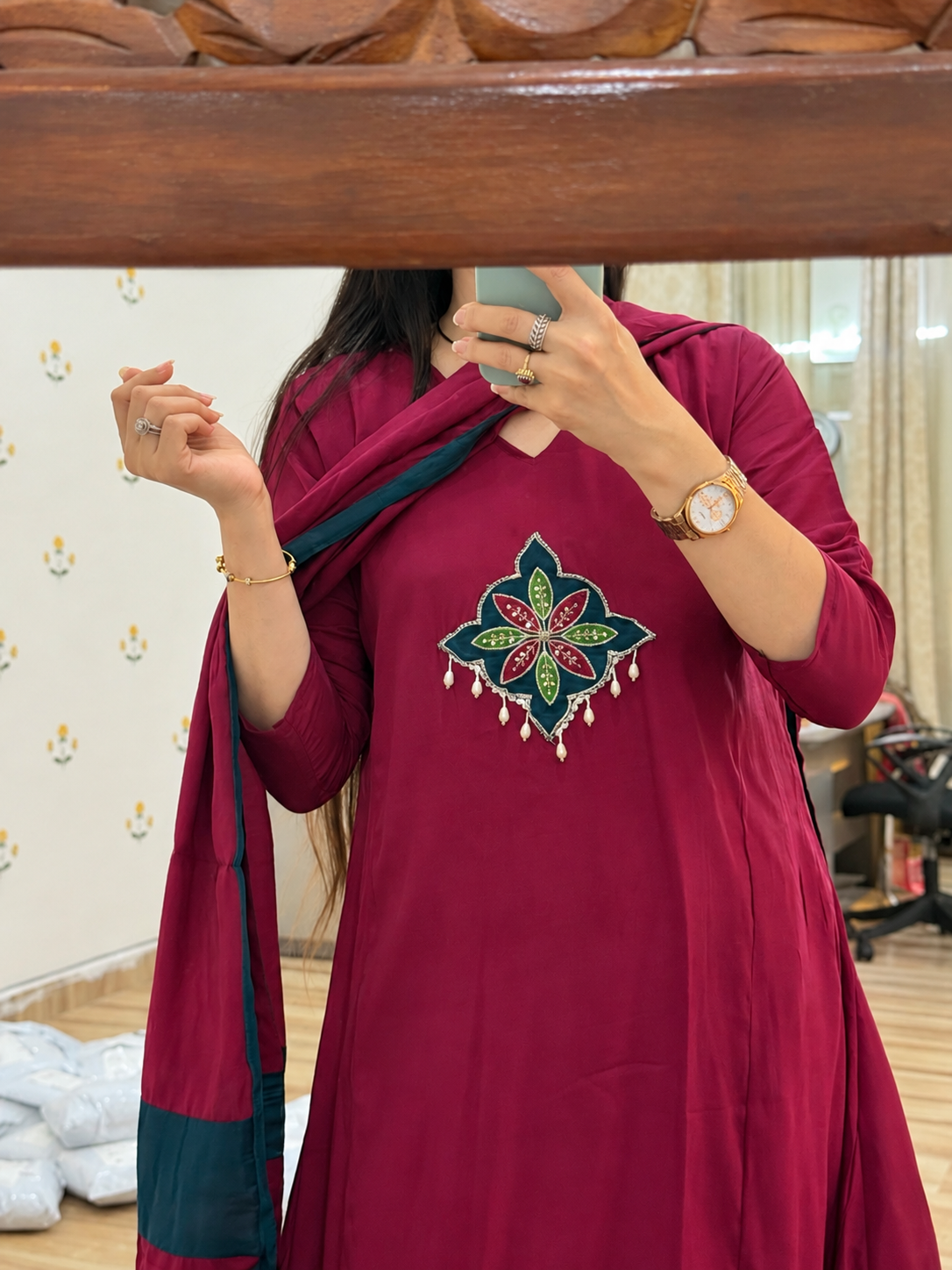 Gorgeous Silk Cotton Suit | With cotton lining| Embroidered Patch | Patchwork Duppata