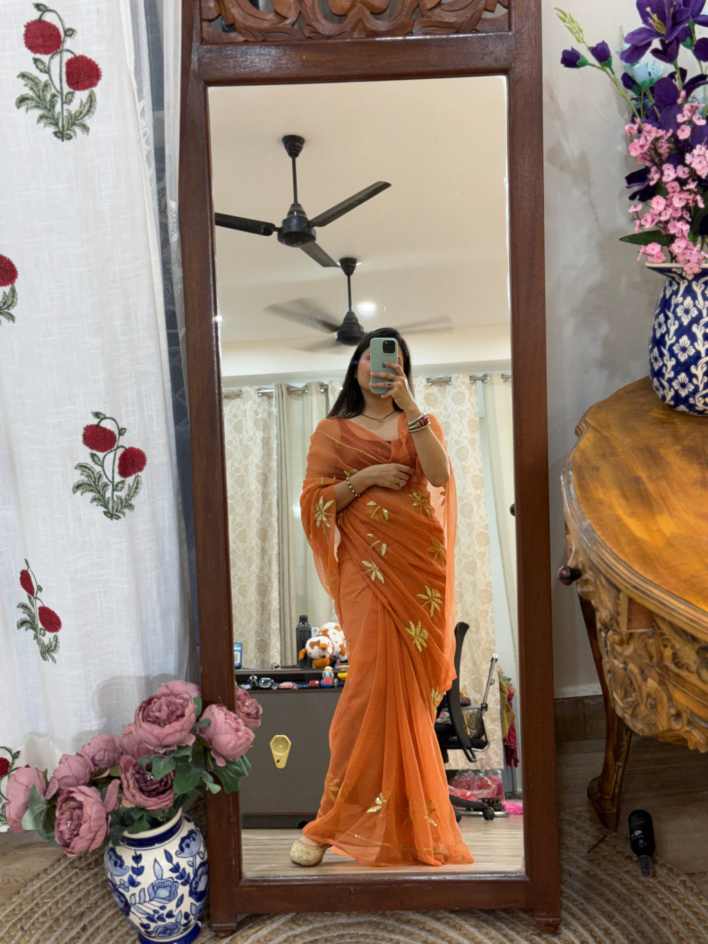 Orange Zari Embroidered| Georgette Sarees| Without Blouse