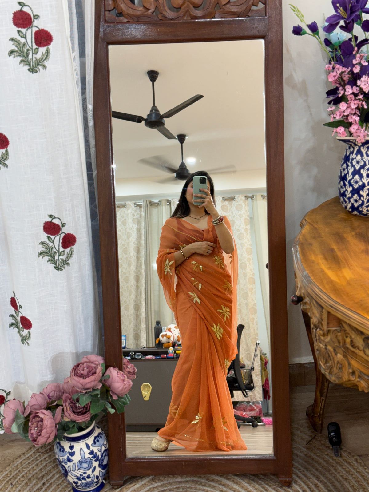Orange Zari Embroidered| Georgette Sarees| Without Blouse