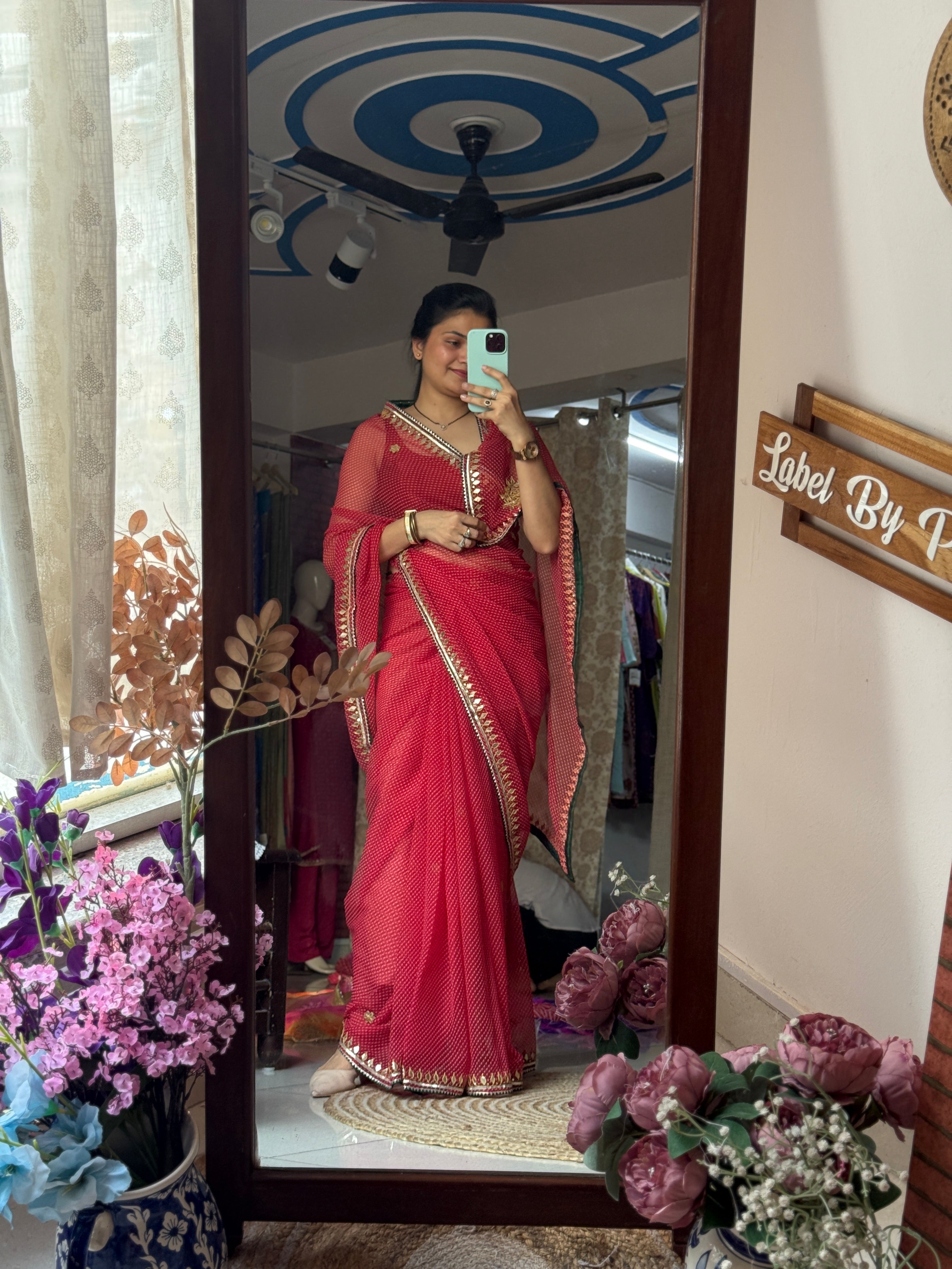 Red Leheriya Chiffon Leheriya Saree|  Handwork Gota patti work| With blouse
