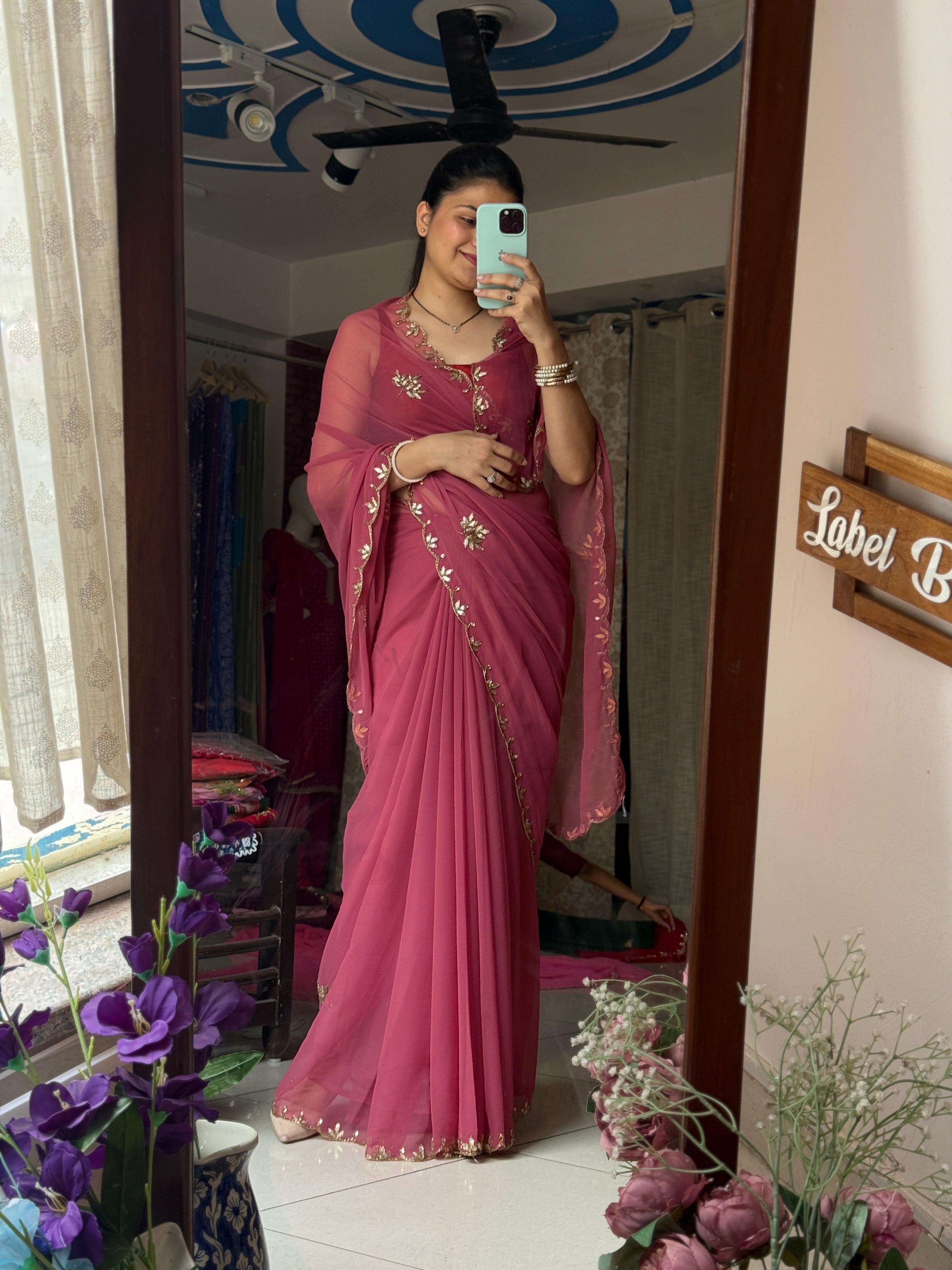 Mauve Pure Georgette Saree| Handwork cutdana detailing| With blouse