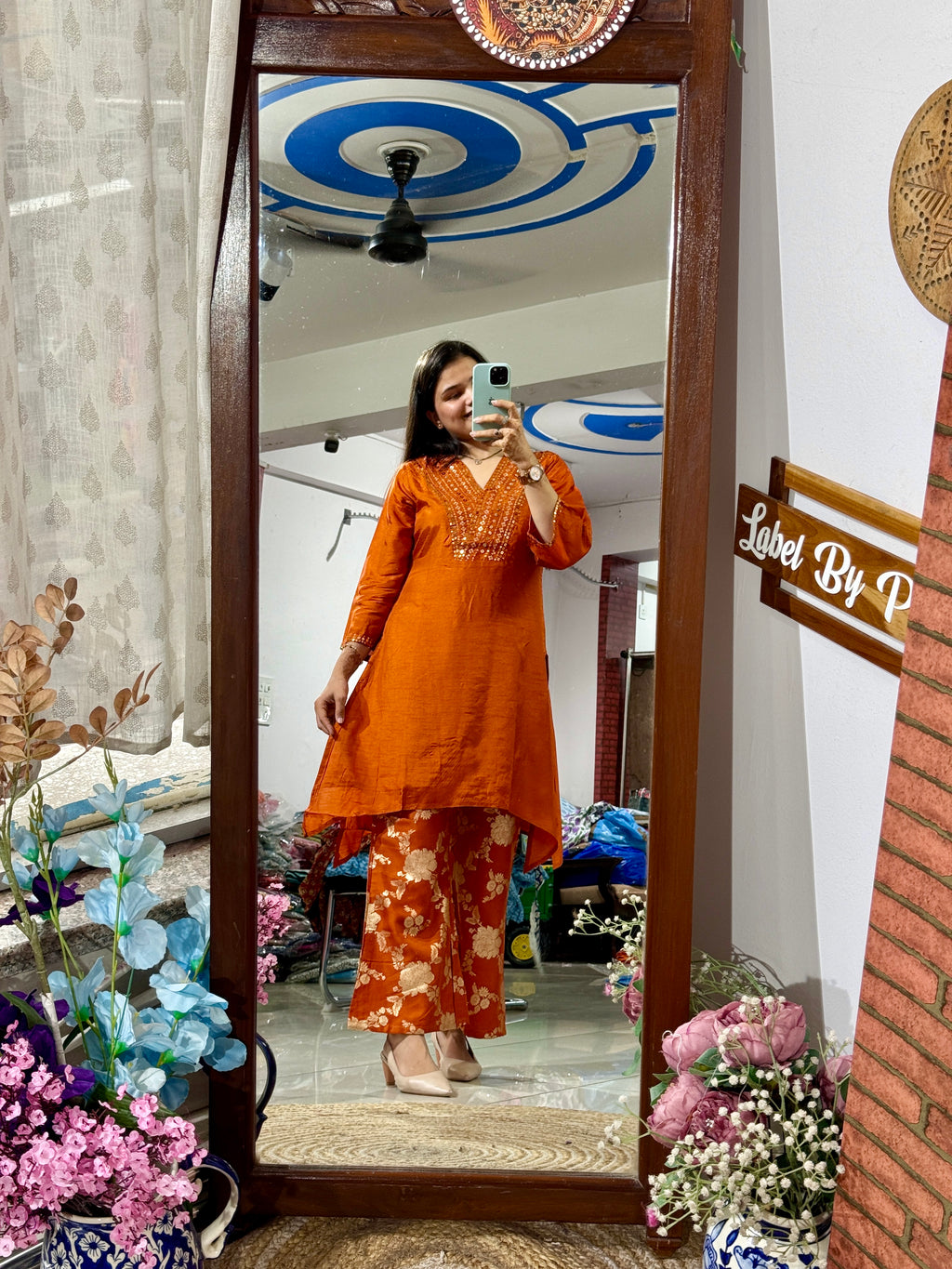 Orange Co Ord Set| Dola Silk | Cotton lining in top + bottom | soft Brocade Silk Pants