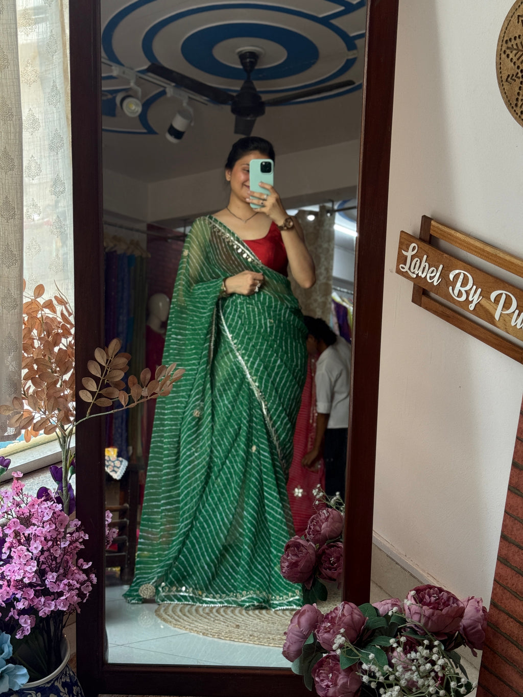 Green Leheriya Chiffon Leheriya Saree|  Handwork Gota patti work| With blouse