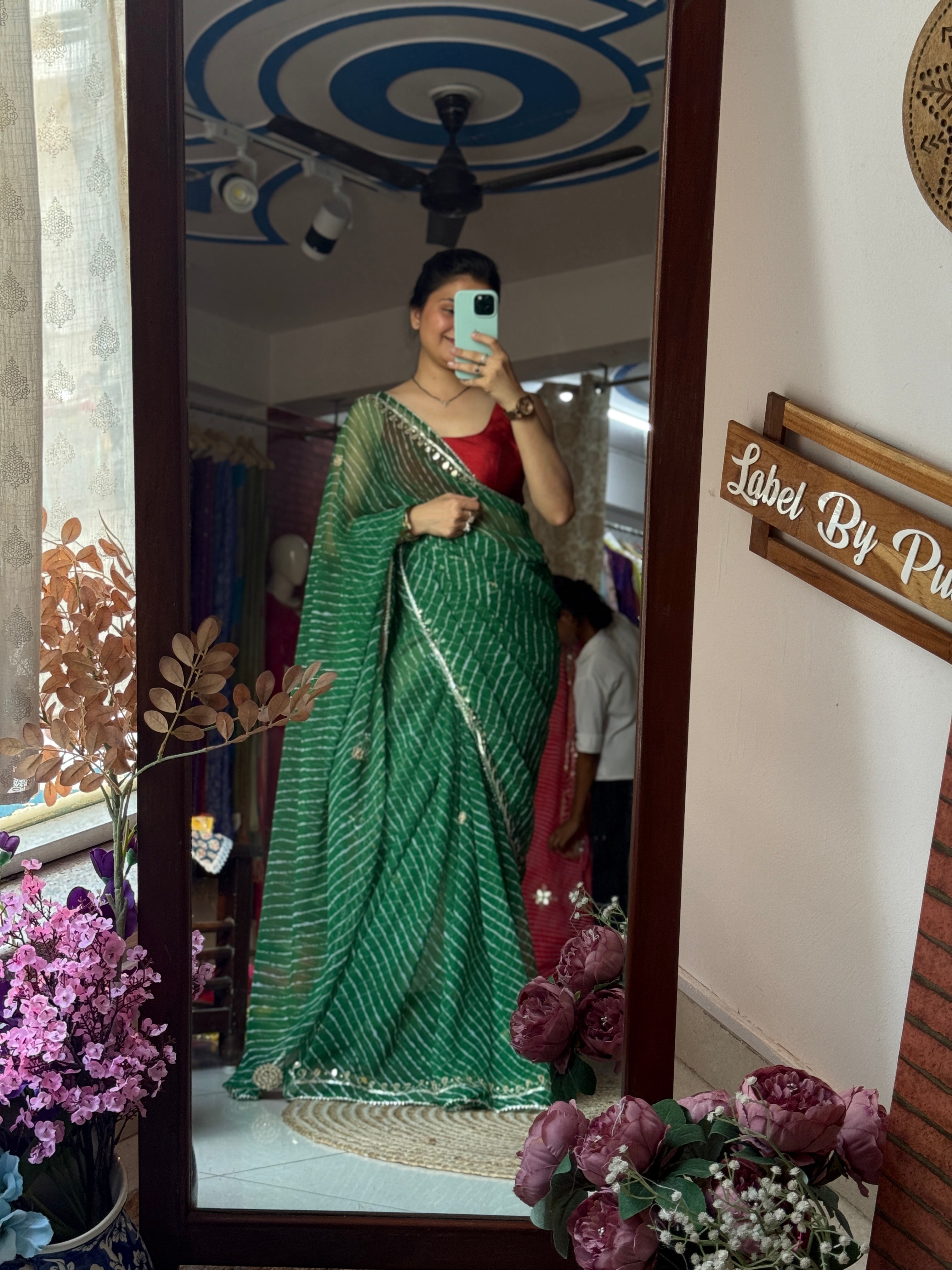 Green Leheriya Chiffon Leheriya Saree|  Handwork Gota patti work| With blouse