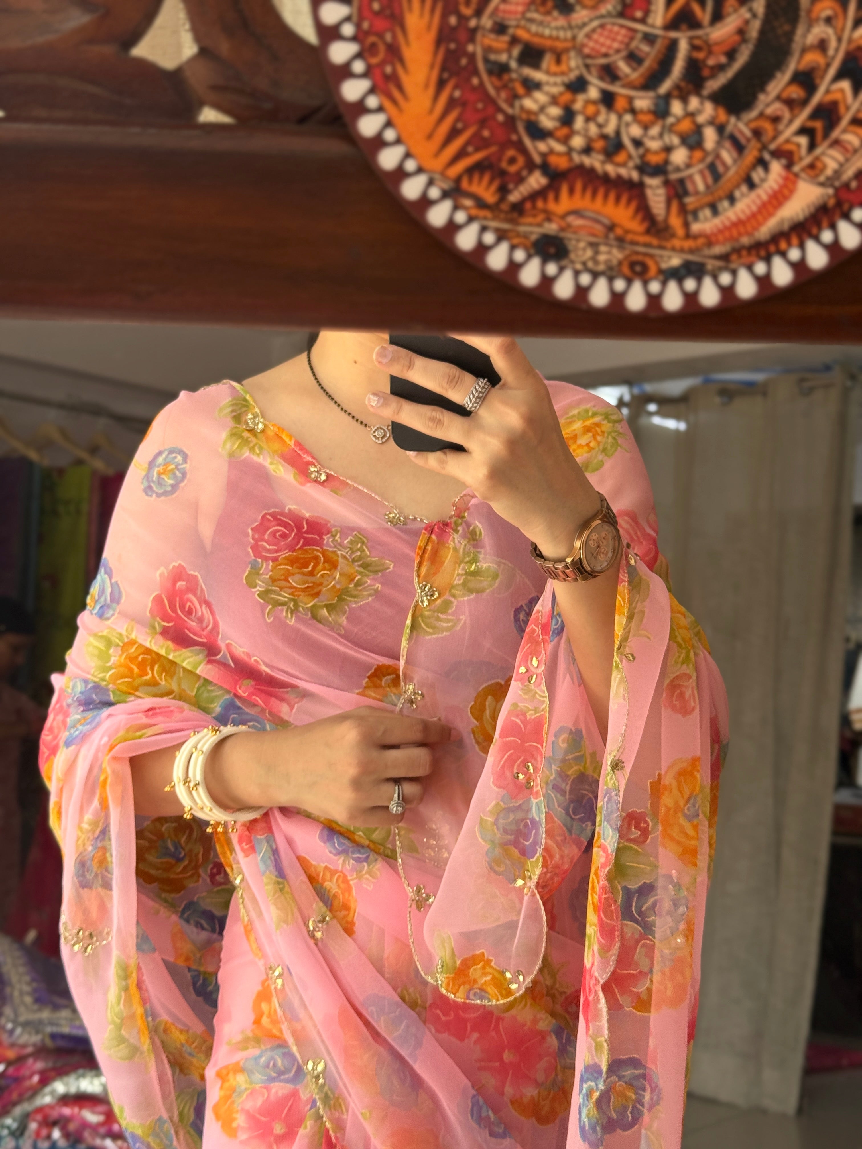 Blush Pink |Pure Georgette Digital Printed Saree| Handwork cutdana detailing| Without blouse
