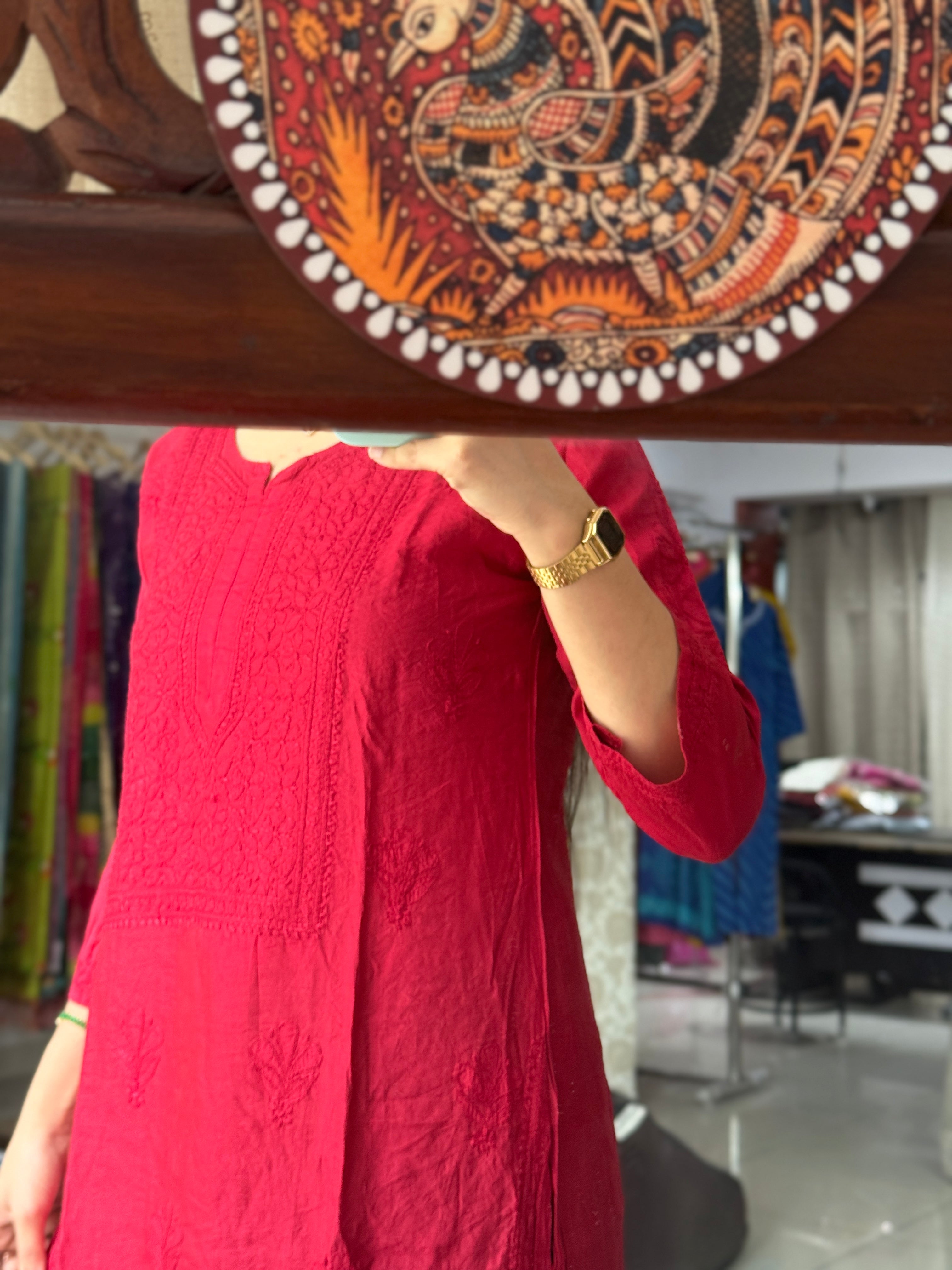 Red Mul Chanderi Kurta| Chikankari Work|Hand Embroidery| Partywear Kurta