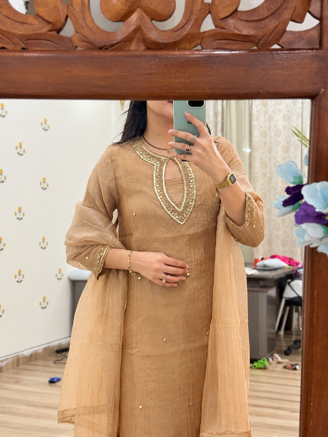 Partywear Crushed Tissue| Golden Hand embroidered Suit | with pockets| with Lining