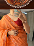Orange Hand Embroidered Chikanakri Saree| Mul Chanderi Fabric| With embroidered blouse