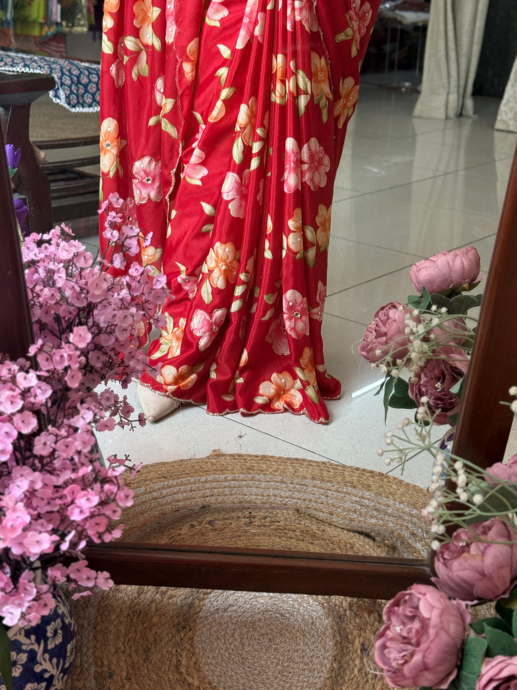 Red cutdana Saree|  scallop border| With blouse| Crepe Fabric| Heavy hand embroidery on pallu & pleates