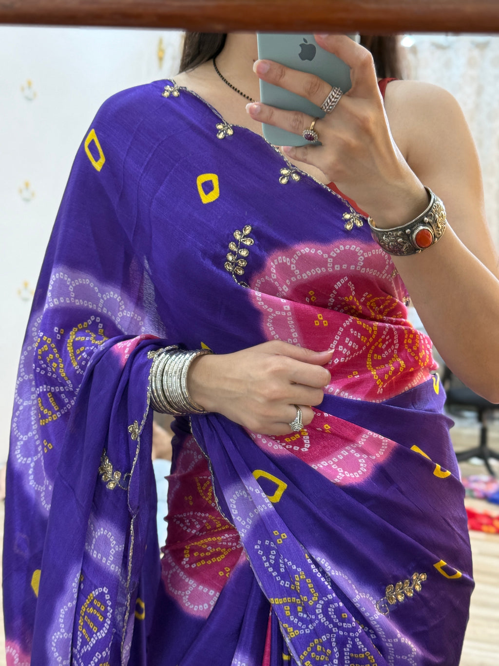 Pink Purple Pure Georgette Saree | Cutdana Handwork | With blouse