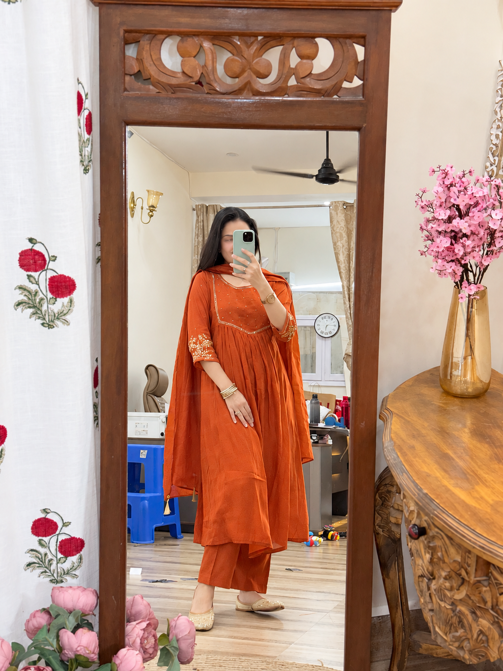 Rust Orange Mul Chanderi Suit | With cotton lining| Hand Embroidered