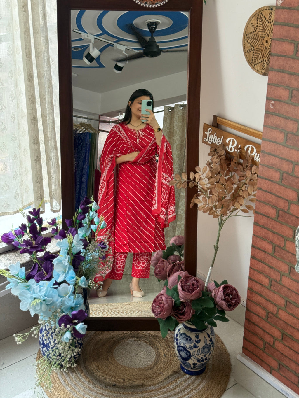 Red cotton Leheriya with bandhani bottom and a cotton Duppata