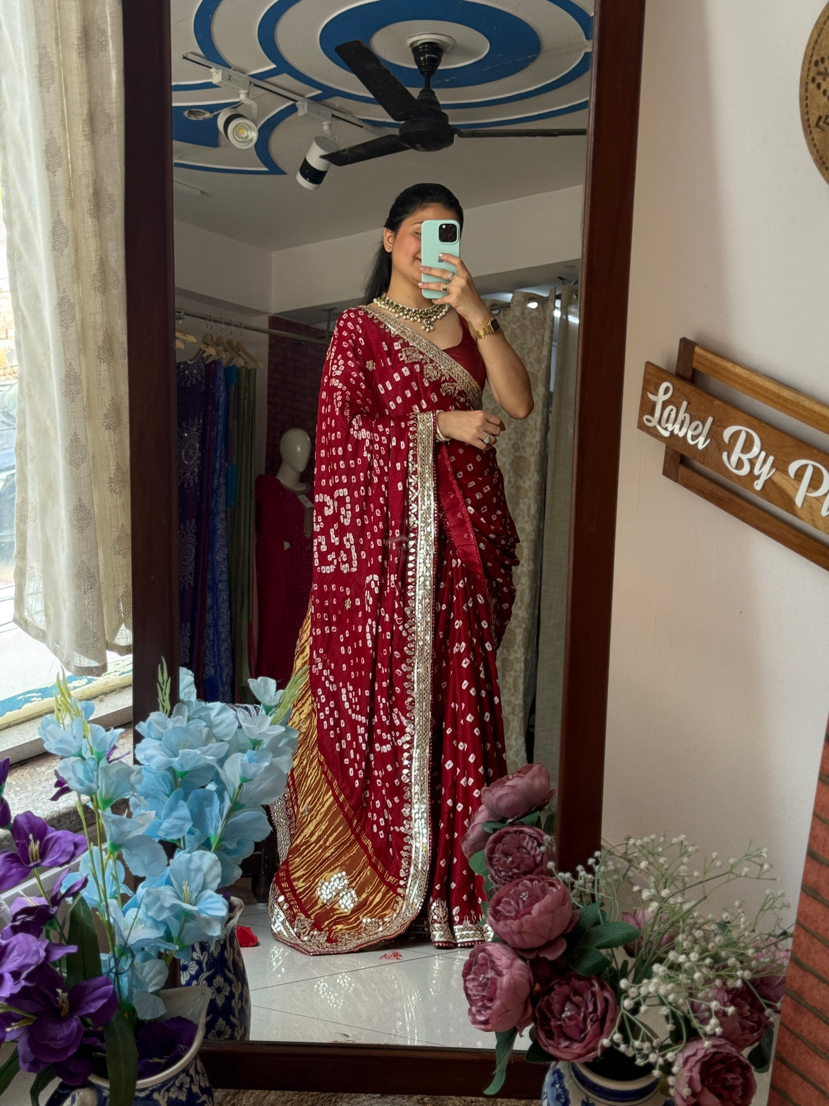 Maroon Pure Gaji Silk Bandhani Saree with Gotta Patti Handwork|Comes with blouse | Premium Handwork Saree