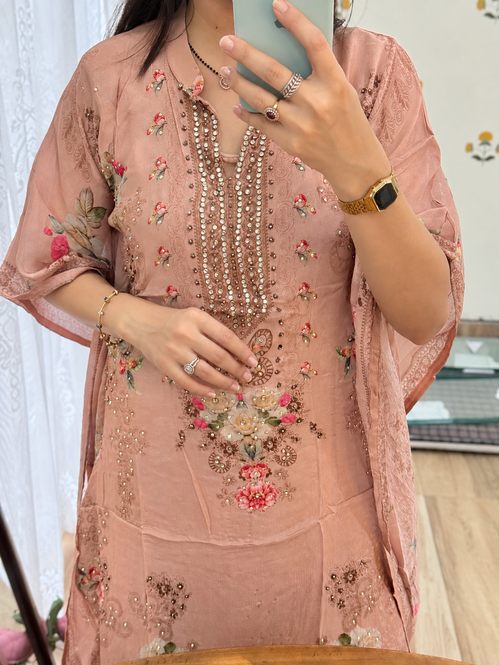 Premium Chinon Partywear Kaftan Set| With inner top | Real mirror work| Sharara bottom