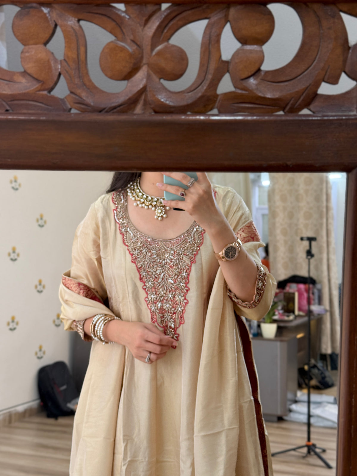 Tissue Shimmer Embroidered Anarkali Suit| with lining| Banarsi Border| Hand Embroidered