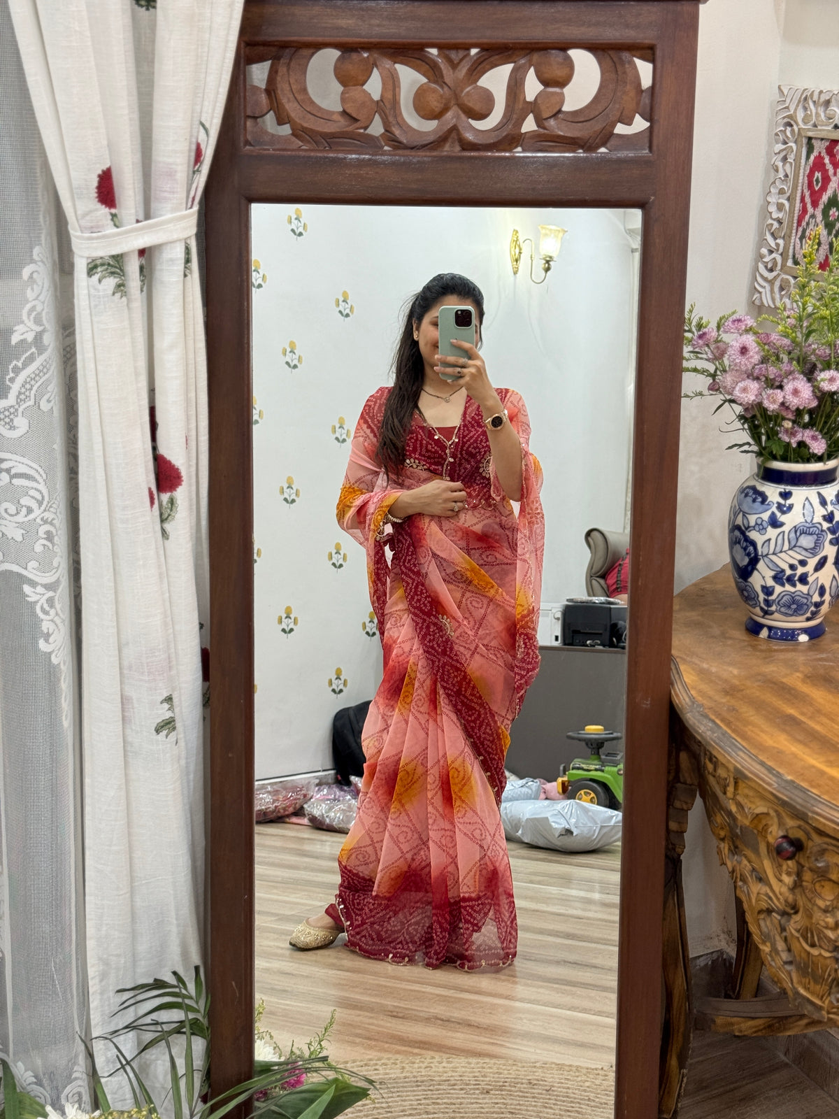 Dual tone |Pure Georgette Digital Printed Saree| Handwork cutdana detailing| Without blouse