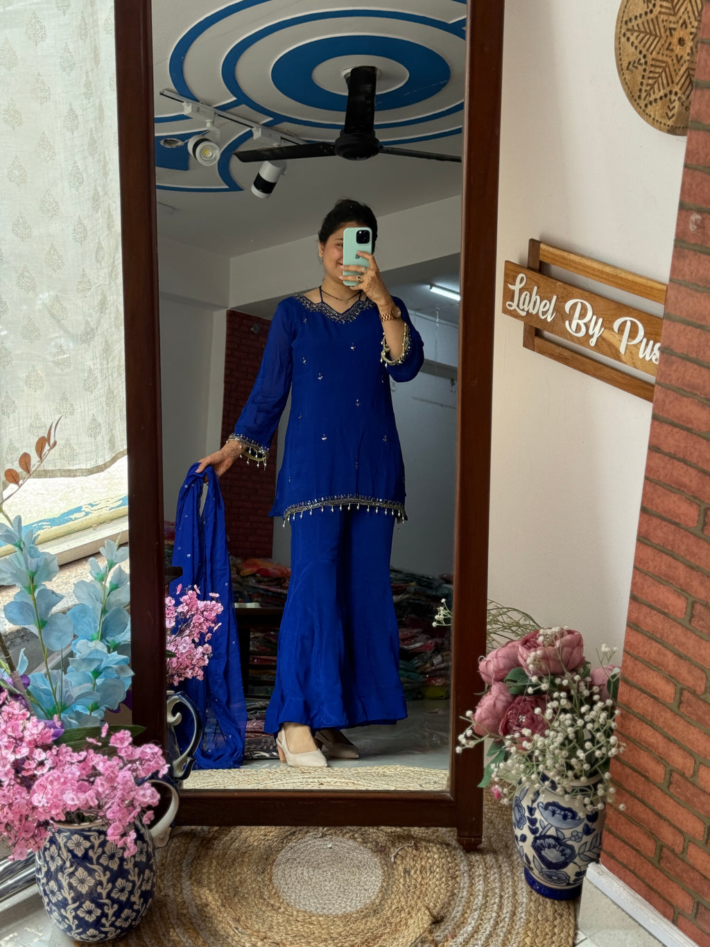 Blue Sharara Set| Chinon | lining in top + bottom | Hand Embroidered | Embroidered Duppata