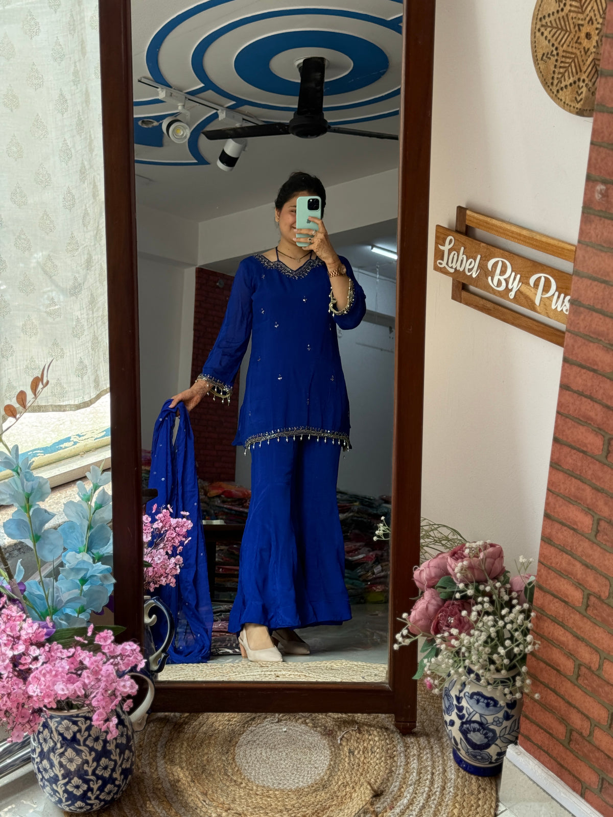 Blue Sharara Set| Chinon | lining in top + bottom | Hand Embroidered | Embroidered Duppata