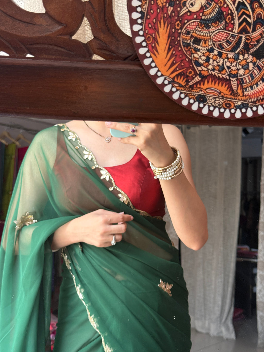 Green Pure Georgette Saree| Handwork cutdana detailing| With blouse