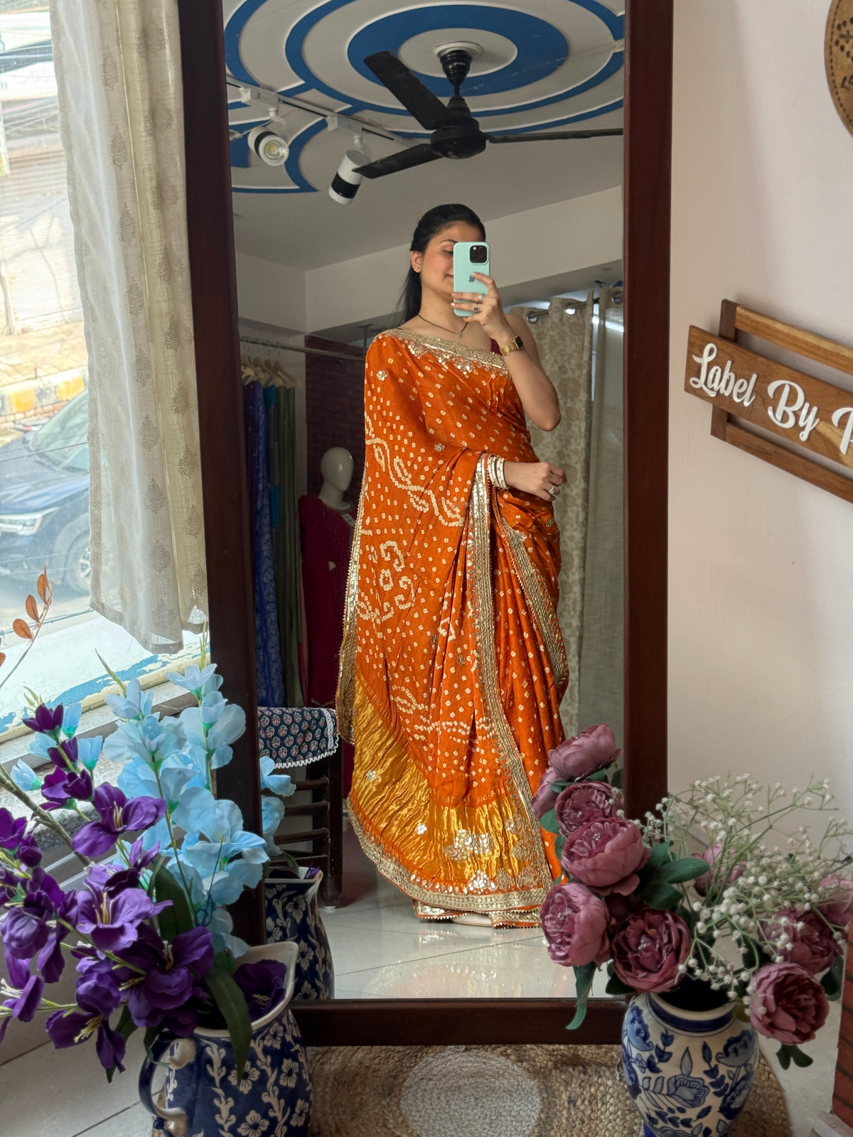 Golden Rust Pure Gaji Silk Bandhani Saree with Gotta Patti Handwork|Comes with blouse | Premium Handwork Saree