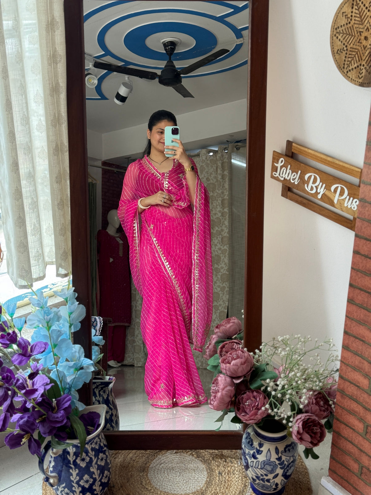 Pink  Chiffon Leheriya Saree|  Handwork Gota patti work| With blouse