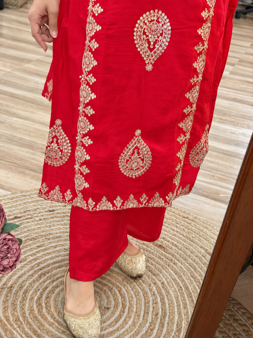Red Karwachauth Silk Suit | Cotton lining in top + bottom| Embroidered back | Silk Duppata| Zari Embroidered