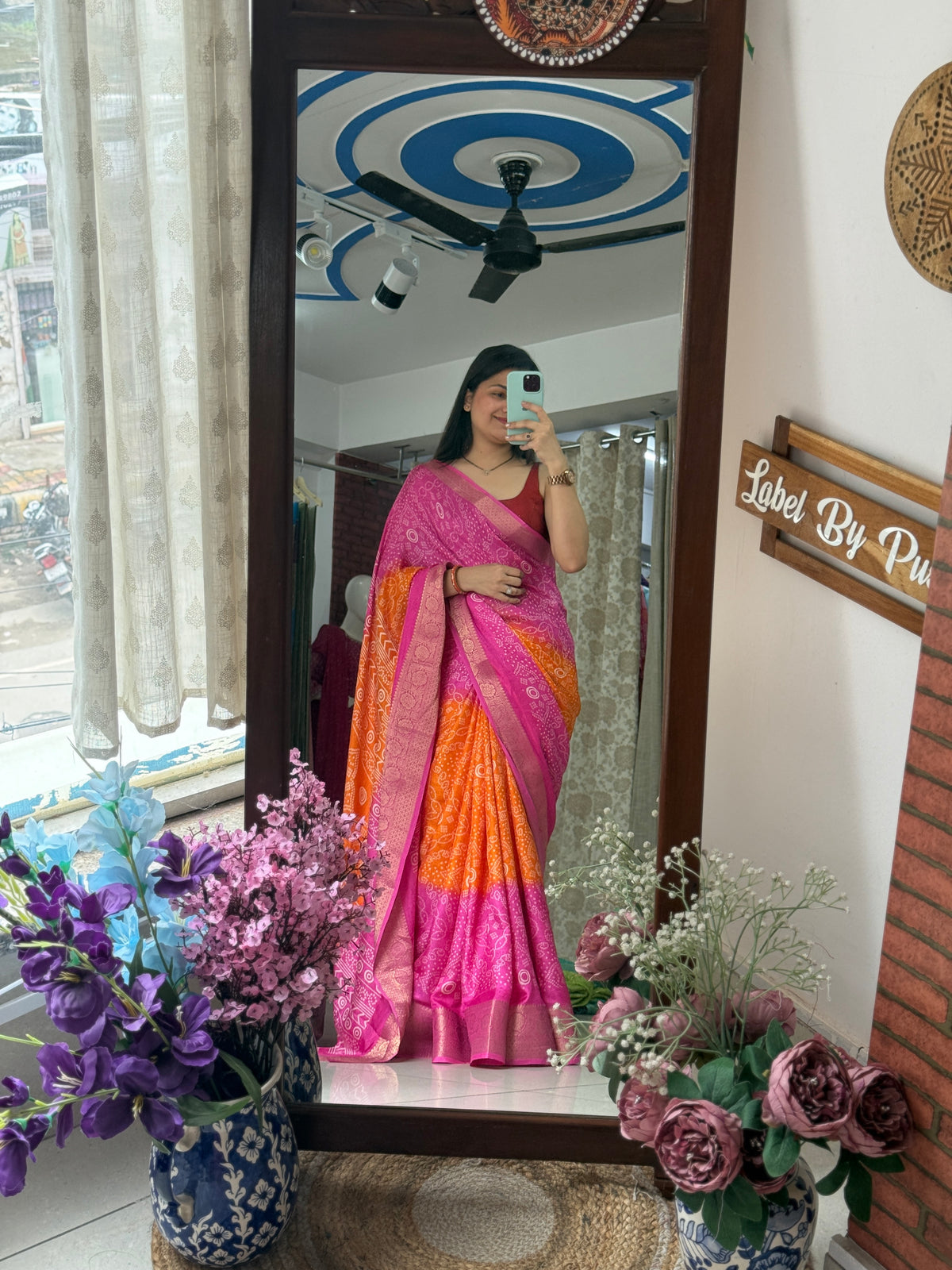 Pink Orange   Bandhani Saree|  Woven border on both sides| With blouse| Self weave dola silk