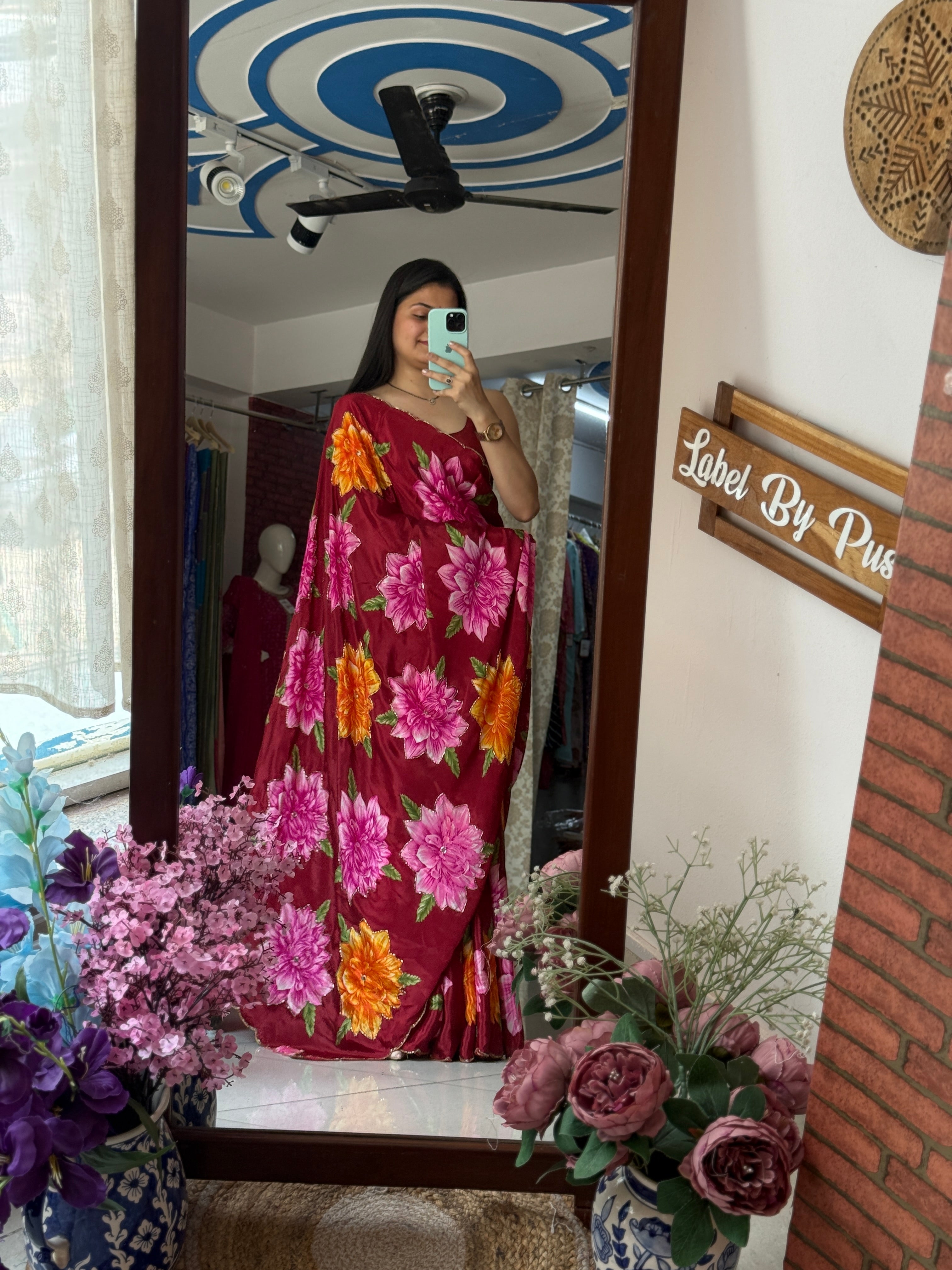 Deep Red cutdana Saree|  scallop border| With blouse| Crepe Fabric| Heavy hand embroidery on pallu & pleates