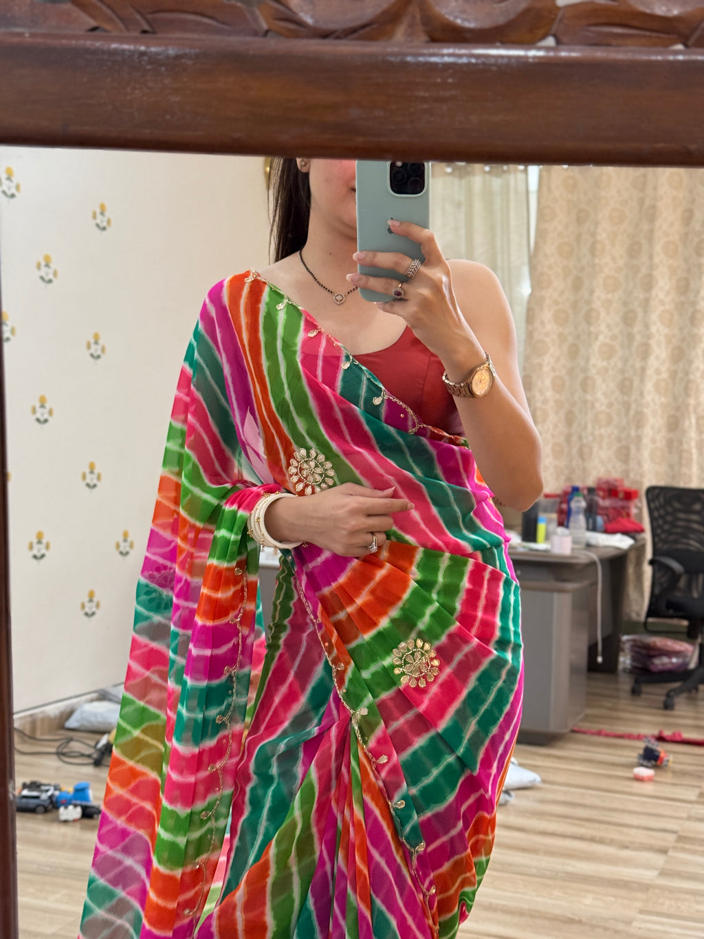 Pachranga Leheriya Pure Georgette Saree | Cutdana Handwork | With blouse