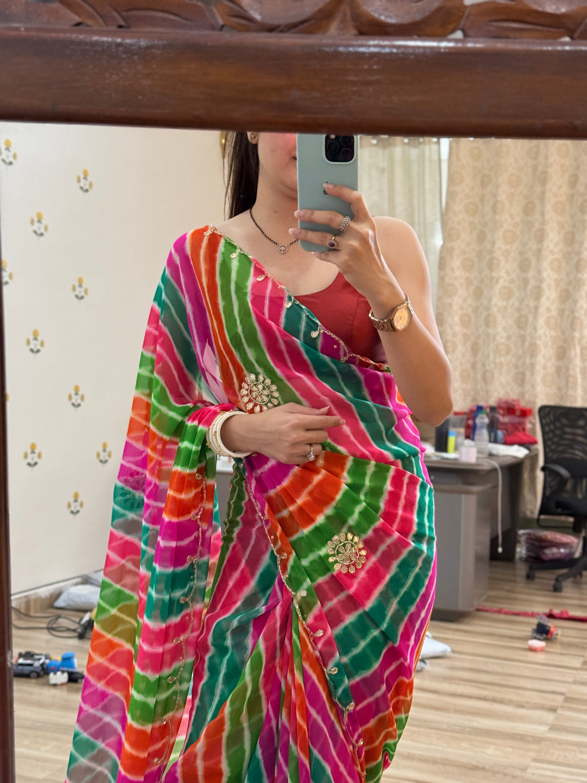 Pachranga Leheriya Pure Georgette Saree | Cutdana Handwork | With blouse