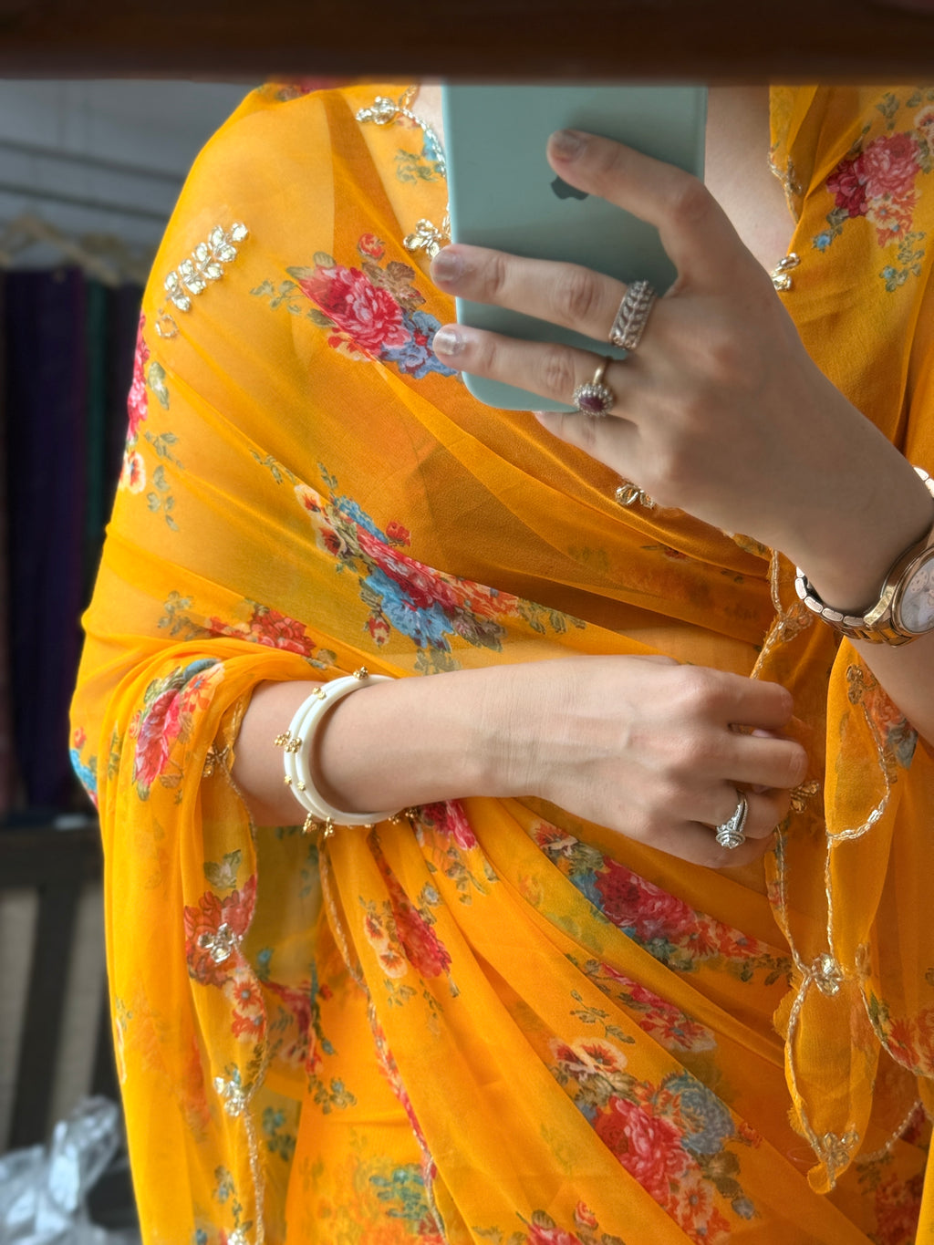 Yellow Pure Georgette Handblock Digital Printed Saree| Handwork cutdana detailing| Without blouse