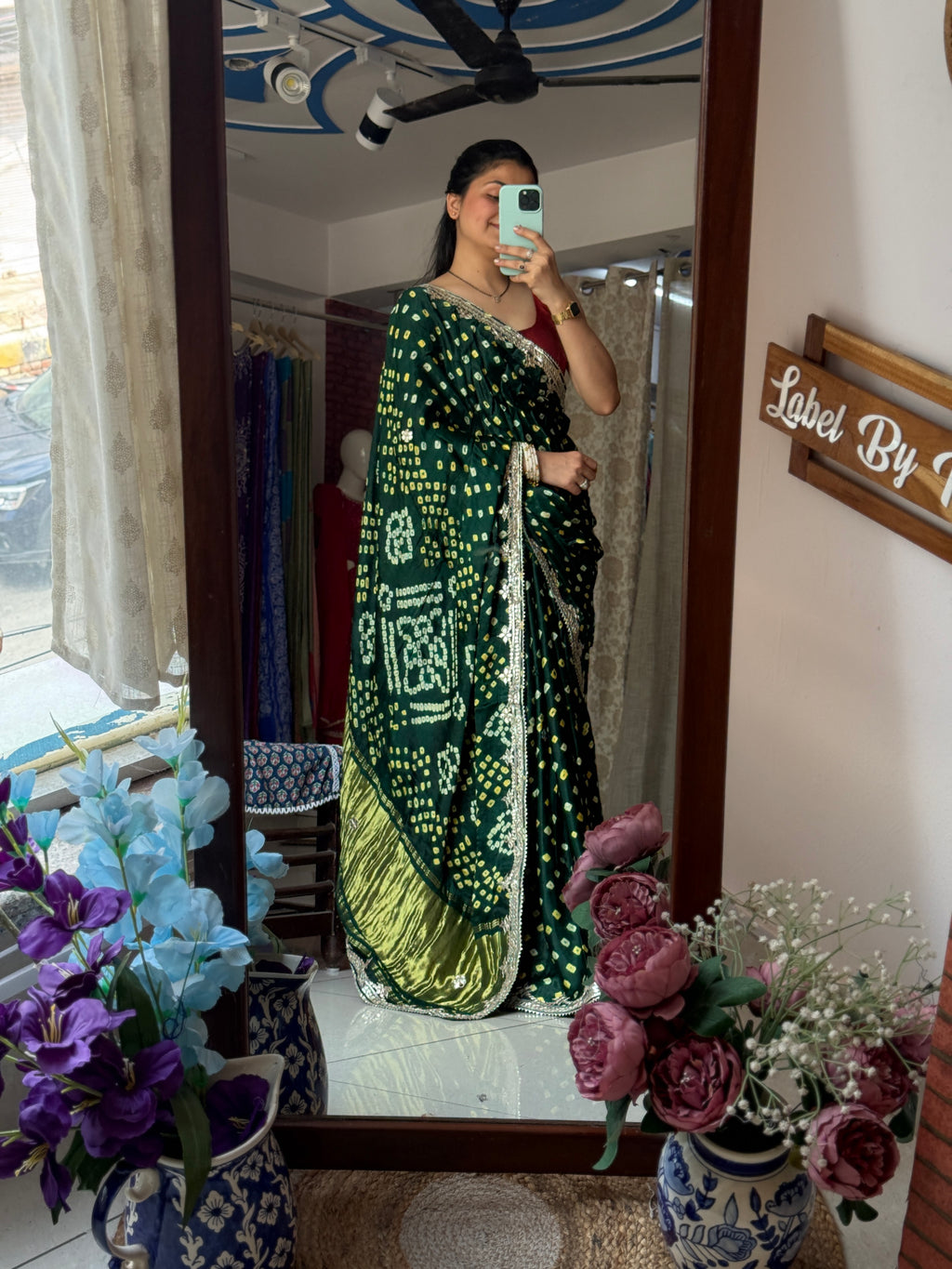 Green Pure Gaji Silk Bandhani Saree with Gotta Patti Handwork|Comes with blouse | Premium Handwork Saree