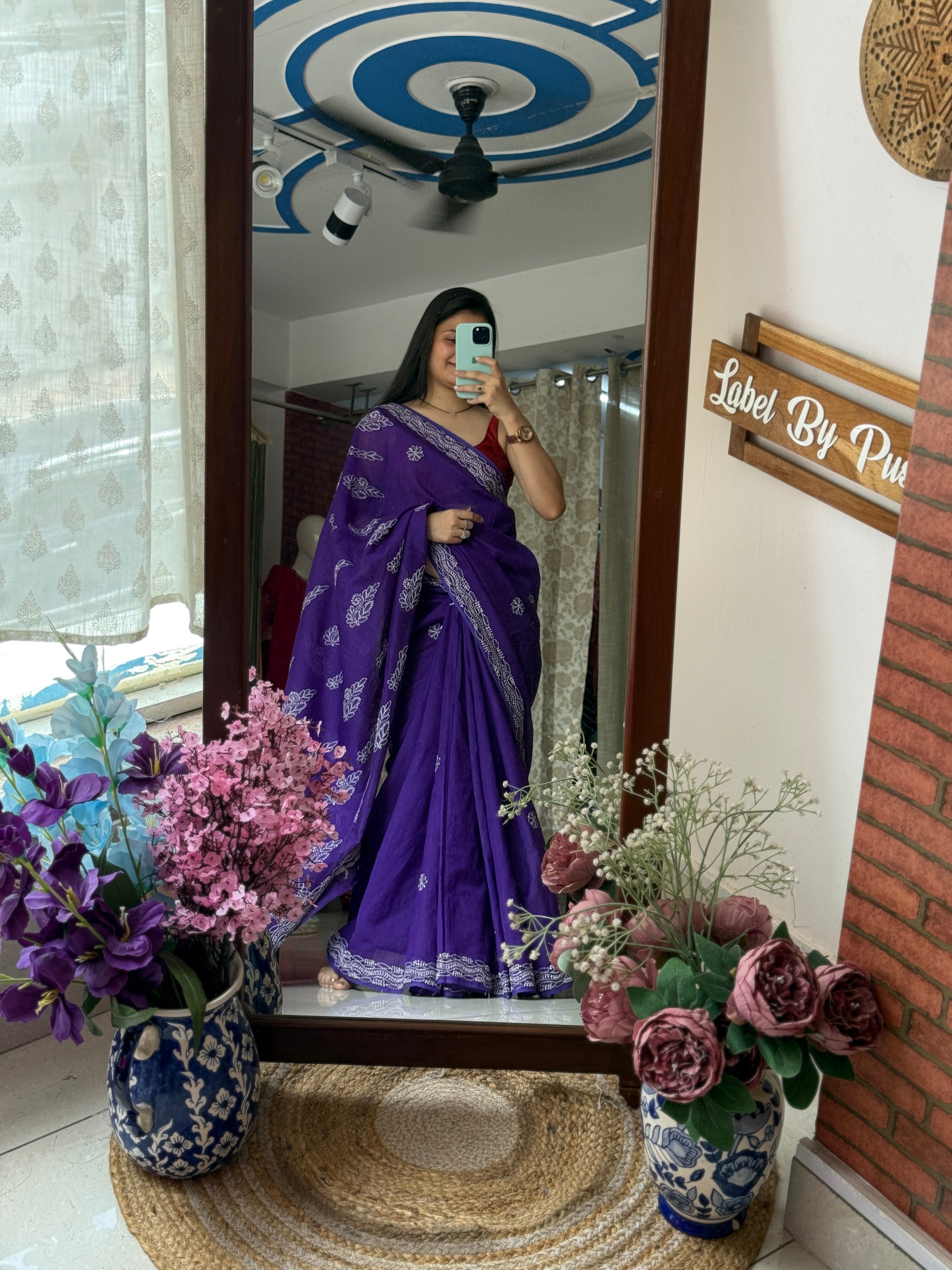 Purple Hand Embroidered Chikanakri Saree| Mul Chanderi Fabric| With embroidered blouse