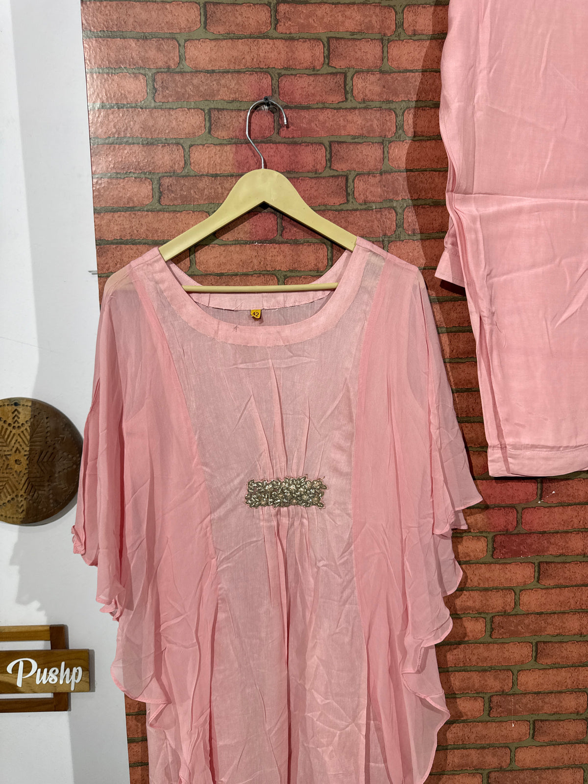 Pink Kaftan Set | Chinon| Hand Embroidered| Partywear