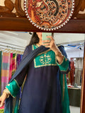 Blue Green Chinon Suit Set with Hand Embroidered Neckline & Designer sleeves and bottom with dual tone Duppata with lacework